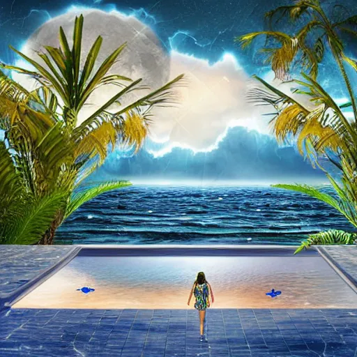 Prompt: Floating palace, moon reflecting on the water, thunderstorm, greek pool, beach and Tropical vegetation on the background major arcana sky, vogue magazine, y2k aesthetic, hyperrealistic 8k, award-winning, very very very detailed