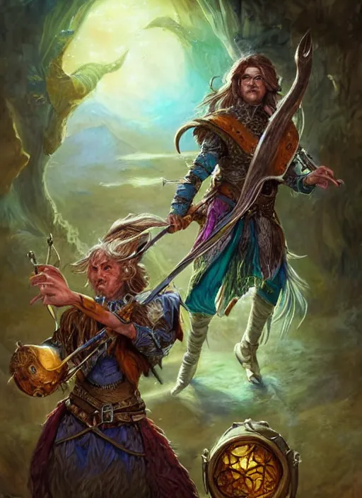Prompt: bard playing instrument, ultra detailed fantasy, dndbeyond, bright, colourful, realistic, dnd character portrait, full body, pathfinder, pinterest, art by ralph horsley, dnd, rpg, lotr game design fanart by concept art, behance hd, artstation, deviantart, hdr render in unreal engine 5
