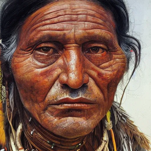 Prompt: high quality high detail painting by lucian freud, hd, portrait of a indigenous tribe leader, photorealistic lighting