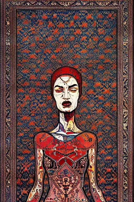 Image similar to persian carpet, detailed acrylic, grunge, intricate complexity, by dan mumford and by alberto giacometti, peter lindbergh