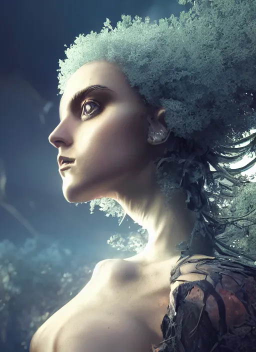 Image similar to beauteous sumptuous biomechanical incredible hair, crystalline masterpiece incrustations, hyperdetailed face, elegant pose, movie still, intricate, octane render, cinematic forest lighting, cgsociety, unreal engine, crepuscular rays, god rays