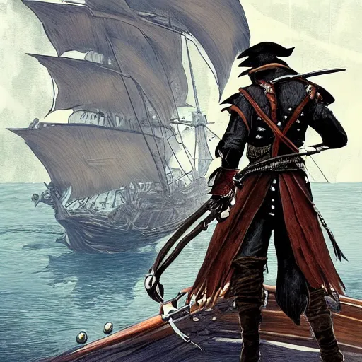 Image similar to character concept art of a pirate captain hunter from bloodborne on a sailing vessel, the view is from behind