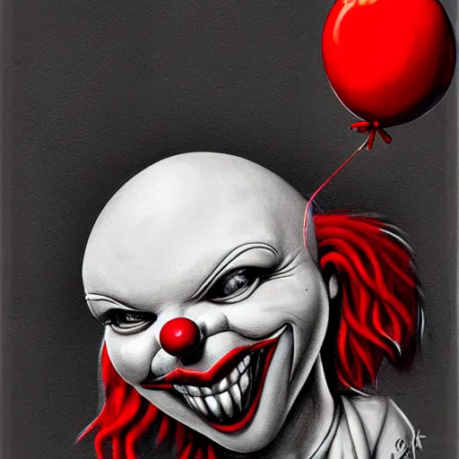 Image similar to surrealism grunge cartoon portrait sketch of a chicken with a wide smile and a red balloon by - michael karcz, loony toons style, pennywise style, horror theme, detailed, elegant, intricate