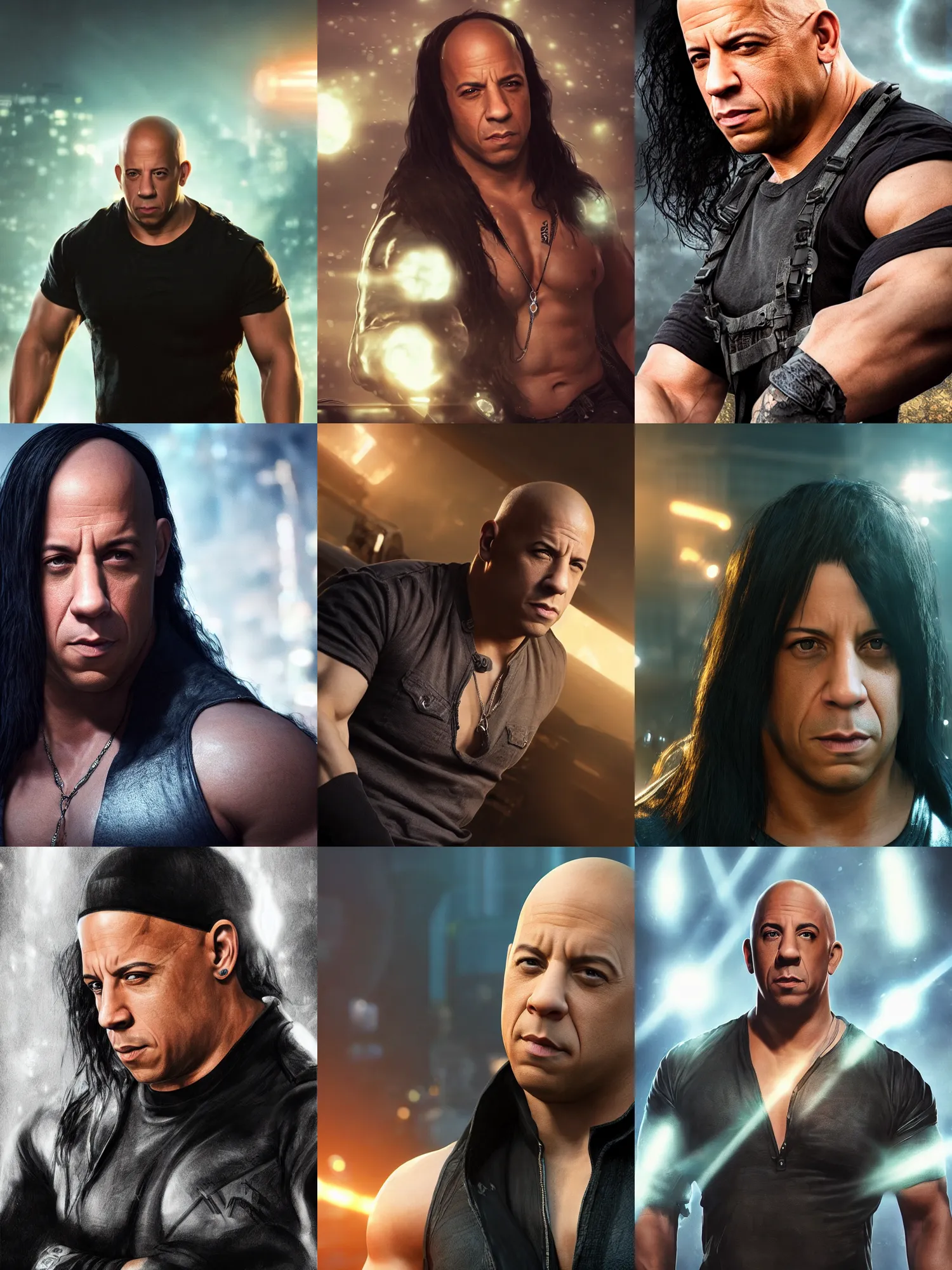 Prompt: vin diesel with long black hair!!!!!, ultra realistic, lens flare, atmosphere, glow, detailed, intricate, full of colour, cinematic lighting, trending on artstation, 4 k, hyperrealistic, focused, extreme details, unreal engine 5, cinematic, masterpiece