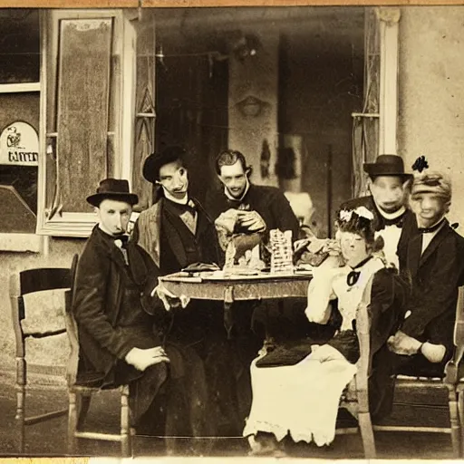 Image similar to a bunch of victorian era vampires eating pizza in tel aviv