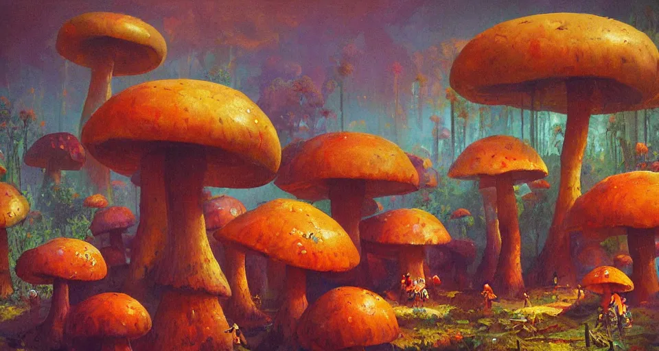 Image similar to A tribal village in a forest of giant mushrooms, by PAUL LEHR ,