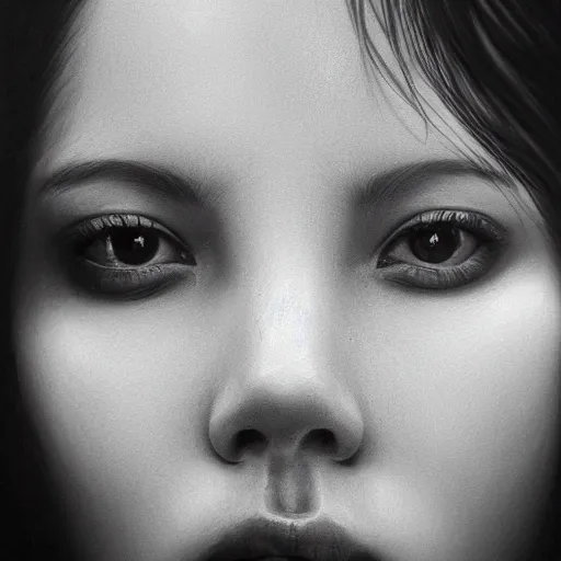 Image similar to a black and white photo of a woman's face, a hyperrealistic painting by sim sa - jeong, cg society contest winner, hyperrealism, hyper realism, ethereal, deviantart