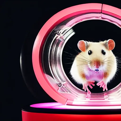 Image similar to uhd robotic hamster running in a hamster wheel. photo by annie leibowitz