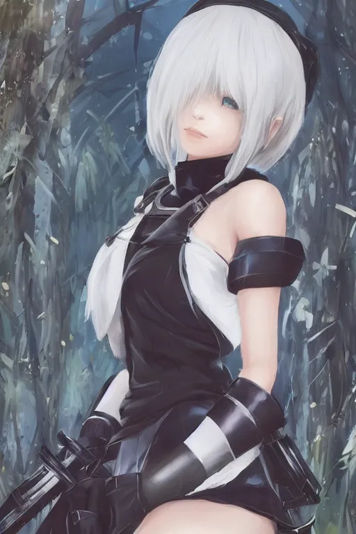 Prompt: beautiful portrait of 2B from nier automata, forest, junkyard, pretty, semi realistic anime, hyper detailed, 8k, DeviantArt, Instagram, Behance, Artstation, trending on artstation, Pixiv, Pixiv daily ranking, art of silverfox, Yee Chong Silverfox, Sydney Hanson, Mickael Lelièvre, Jaeyeon Nam, derevschikova, Elina Karimova