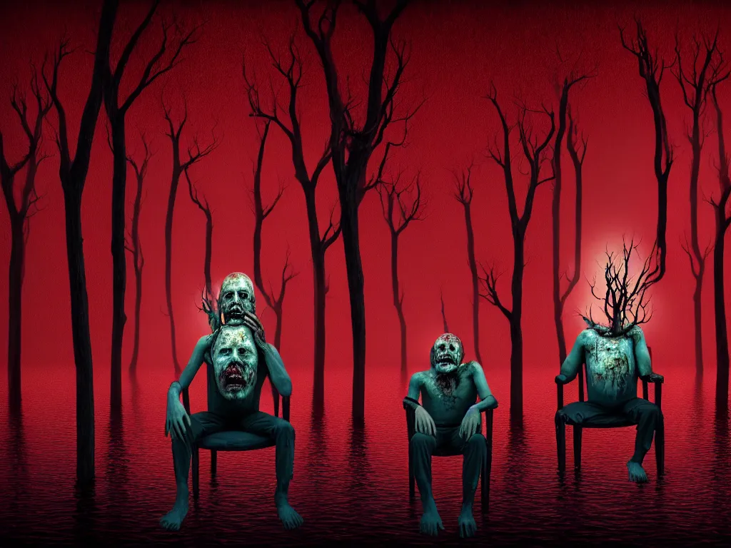 Prompt: a portrait of a man with five heads, twelve arms, sitting on chair made of human limbs, the chair is floating in a lake of blood, around the lake are melting trees, the man's limbs are merging with the trees, digital art, hyperrealistic nightmare scene, supernatural, highly detailed, creepy, terrifying