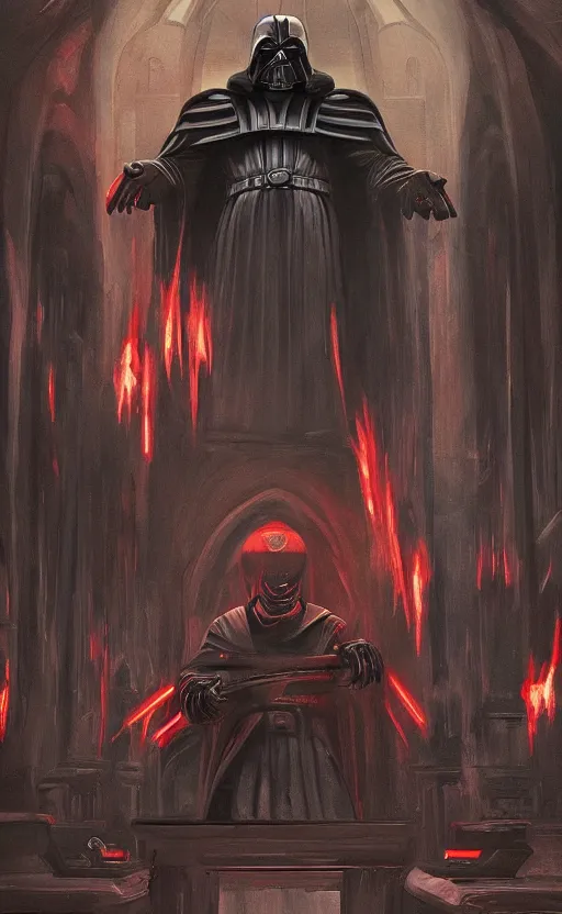 Prompt: « a beautiful painting of darth bane creating a rule of two in an ancient sith temple stylized as a catholic church, very realistic, trendin on artstation »