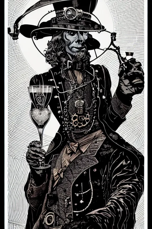 Prompt: side view of a majestic steampunk alchemist wise wizard holding a martini, high details, bold line art, by vincent di fate and joe fenton, inking, etching, screen print, masterpiece, trending on artstation, sharp, high contrast, hyper - detailed,, hd, 4 k, 8 k