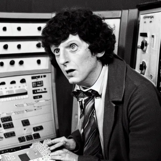 Image similar to Tom Baker as as the Doctor in his burgundy costume in the Tardis secondary control room