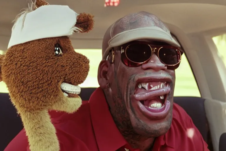 Prompt: dennis rodman in a dress driving a golf cart, movie still, from the new caddyshack movie, dancing gopher from caddyshack, 8 k, hd, cinematic lighting