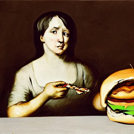 Image similar to wendy devouring a cheeseburger, drawn francisco goya, mixed media mural transferred to canvas