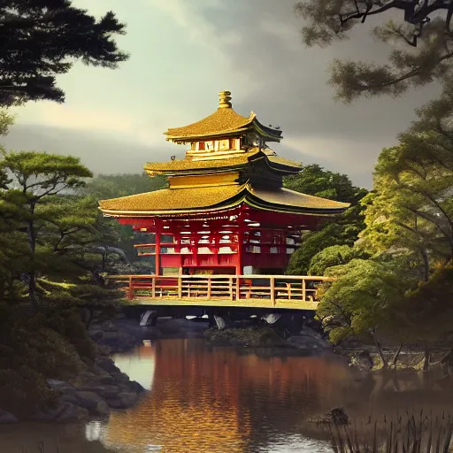 Image similar to japanese temple, bridge, waterside, digital art, irina french, heraldo ortega, mandy jurgens golden ratio,, award winning, masterpiece, trending on artstation, 8 k 1 5 0 mpx