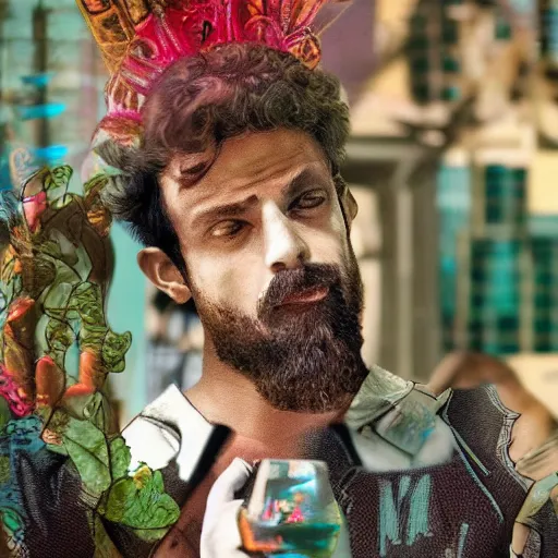 Image similar to terence McKenna posing seductively with psychedelic mushrooms, psychedelic, fractal, cinematic lighting, dramatic, octane render, full body, trending on artstation, perfect facial symmetry, bokeh, 8k, intricate, hyper detailed