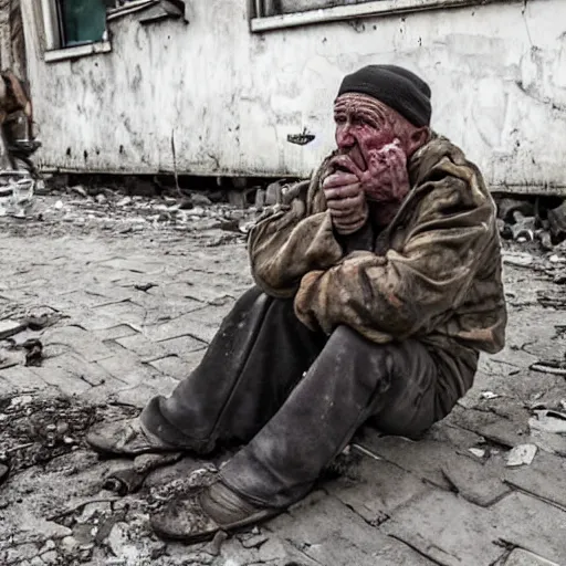 Image similar to ukraine after nuclear war, beggars hungry scary bums and devastation