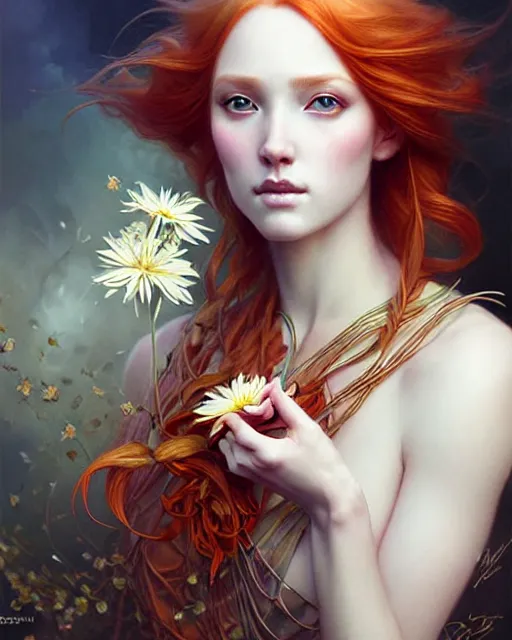 Image similar to Hyperrealistic beautiful and playful ethereal ginger portrait, art nouveau, fantasy, intricate flower designs, elegant, highly detailed, sharp focus, art by Artgerm and Greg Rutkowski and WLOP