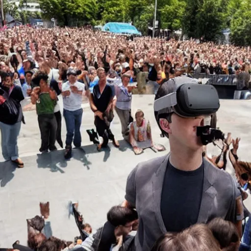 Prompt: mark zuckerberg standing on a podium, looking over a crowd of civilians who are wearing VR headsets