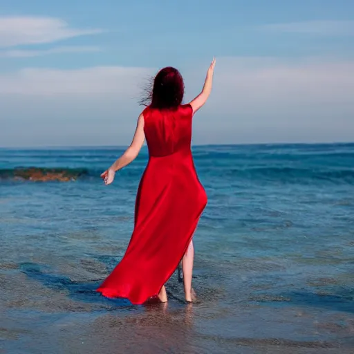 Image similar to woman with waving long hair, satin red dress, walking up to her waist in the ocean, back view, first person view