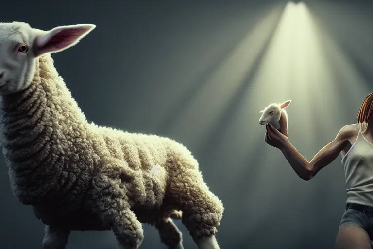 Image similar to biblical able holding a lamb, volumetric lighting, epic composition, hyper detailed, ultra realistic, sharp focus, octane render, volumetric, ray tracing, artstation trending, sense of awe, 4 k