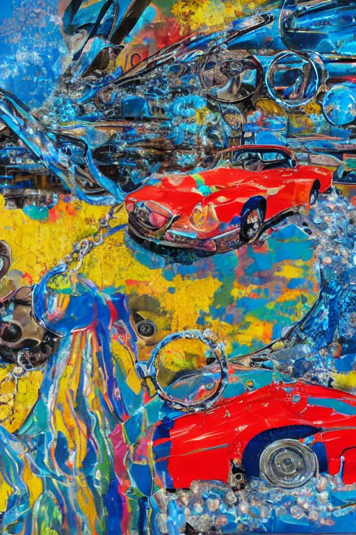 Image similar to car wash, big chain, collage, acrylic on canvas, expressionism movement, breathtaking detailed, by blake neubert