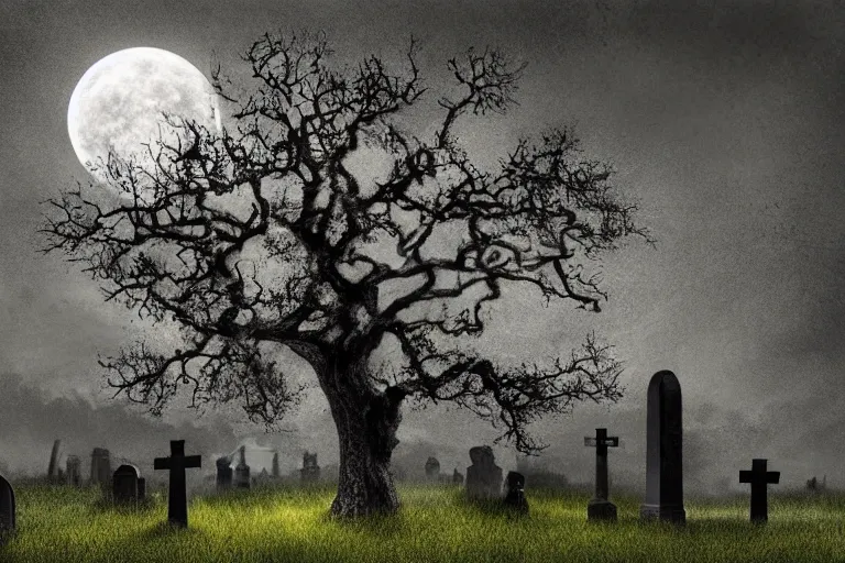 Prompt: the bottle with the magic elixir in the cemetery, dark night, full moon, crows on the oak tree, highly detailed digital art, photorealistic