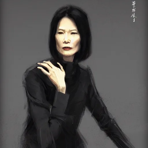 Image similar to Portrait of a woman by Greg Rutkowski, she is about 50 years old, japanese, black straight hair, attractive, elegant, airs of superiority, boss vibes, she is wearing white and black utilitarian jumpsuit, highly detailed portrait, scifi, digital painting, artstation, concept art, smooth, sharp foccus ilustration, Artstation HQ.