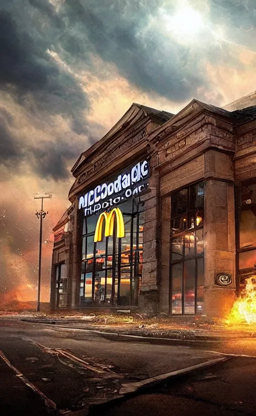 Prompt: beautiful epic photo of uk mcdonalds in an apocalypse. thunder, lightning, fantasy art, hd, hq. very detailed.