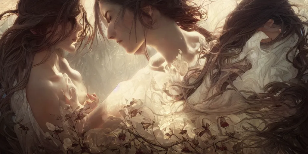 Image similar to broken heart in silence, masterpiece, cinematic, powerful, moon beams dramatic light, highly, intricate elements, hollow souls, detailed, digital painting, artstation, concept art, sharp focus, contrasty, illustration, art by artgerm and greg rutkowski and alphonse mucha, mitch foust, elaborate composition, intricate story