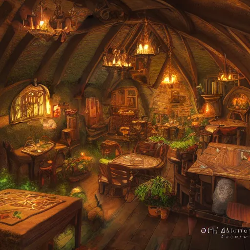 Image similar to a party inside a medieval hobbit house, ornate, beautiful, atmosphere, vibe, flowers, concept art illustration, color page, 4 k, tone mapping, doll, akihiko yoshida, james jean, andrei riabovitchev, marc simonetti, yoshitaka amano, digital illustration, greg rutowski, volumetric lighting, sunbeams, particles