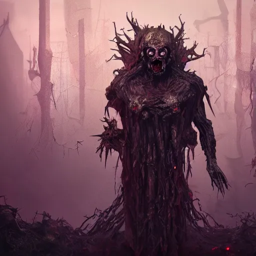 Image similar to god of decay and rot, character design, scary, radiating with power, glowing eyes, whirling death, disgusting, dripping, oily, decomposition, ghostly mist, scary, unreal engine, cgsociety