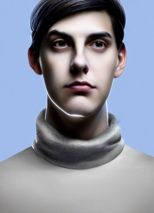 Image similar to portrait of teenage jughead jones wearing a light grey crown, crown, blue turtleneck, 1 9 5 0 s, closed eyes, photorealistic, black hair, glowing lighting, intricate, elegant, glowing lights, highly detailed, digital painting, artstation, concept art, smooth, sharp focus, illustration, art by wlop, mars ravelo and greg rutkowski