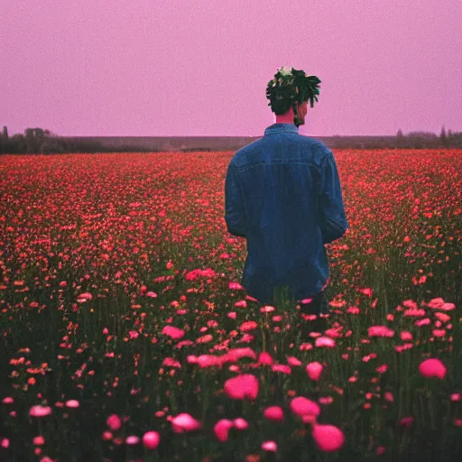 Image similar to kodak portra 4 0 0 photograph of a skinny guy standing in field of flowers, flower crown, back view, moody lighting, moody vibe, telephoto, 9 0 s vibe, blurry background, vaporwave colors, faded!,