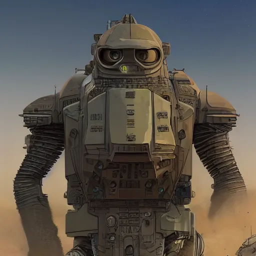 Image similar to a anthromorphic humanoid tank in the style of Ralph McQuarrie/Syd Mead/John Berkey/Jean Giraud detailed realistic HD 8k High Resolution