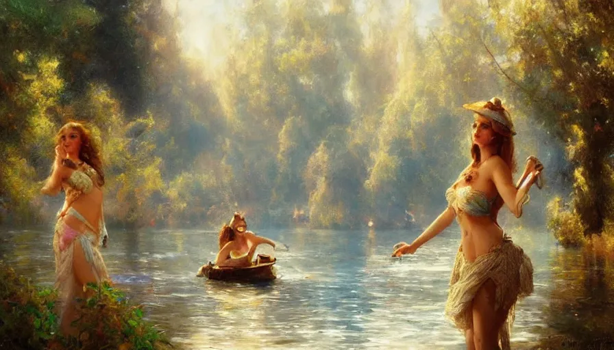 Image similar to enchanted liberland with pretty women enjoying water, hyperdetailed, artstation, painting by gaston bussiere, craig mullins, j. c. leyendecker r