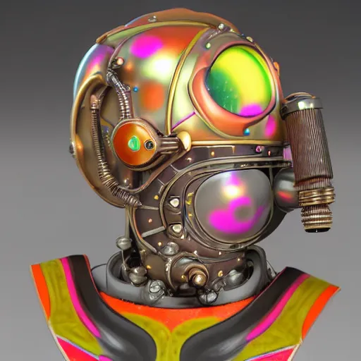 Image similar to a claymodel of a steampunk rococo spaced out futuristic robot head wearing multicolored tubes, 8 k, front shot, symetrical, flourescent colors, halluzinogenic, multicolored, exaggerated detailed, front shot, 3 d render, octane