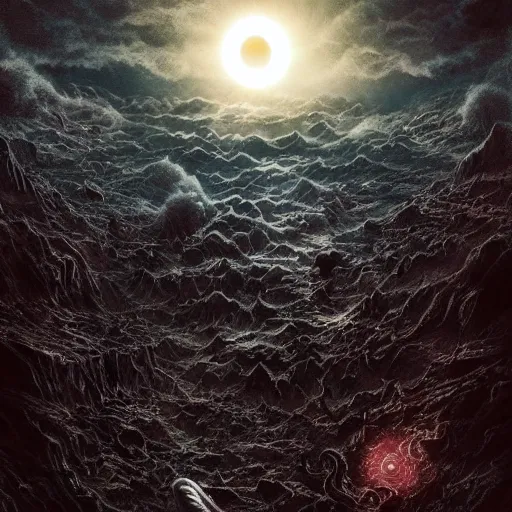 Prompt: the meaning of life, solar eclipse, chaos, night, rot, blood, epic art, dark souls, highly detailed and intricate, trending on artstation