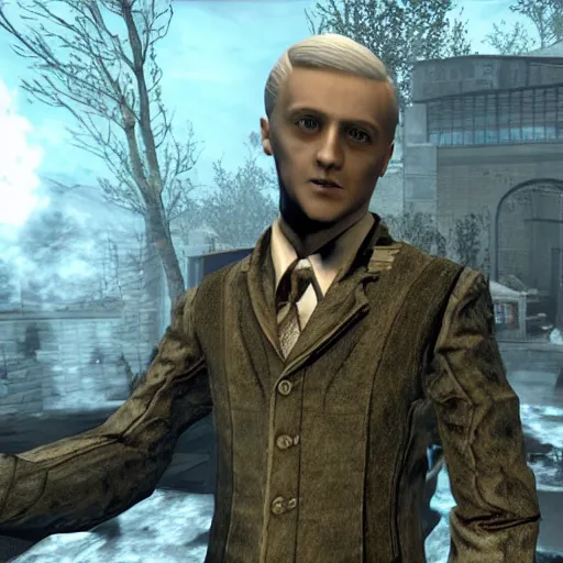 Prompt: Draco Malfoy in the call of duty zombies map Tranzit, screenshot, BO2 Tranzit,