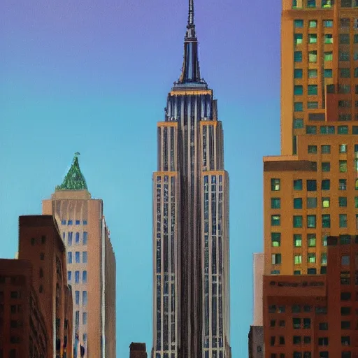 Image similar to an hyper - realist oil painting of water flowing from windows, the empire state building's windows, from below, wide angle, new york background, detailled, sharp focus, realistic, trending on artstation, cg society, 8 k, unreal