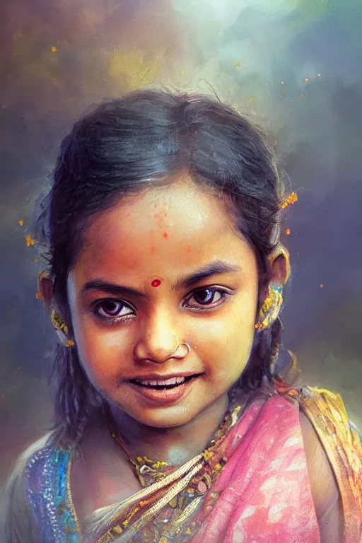 Image similar to hindu little girl, joyful, close - up portrait, intricate, elegant, volumetric lighting, scenery, digital painting, highly detailed, artstation, sharp focus, illustration, concept art, ruan jia, steve mccurry