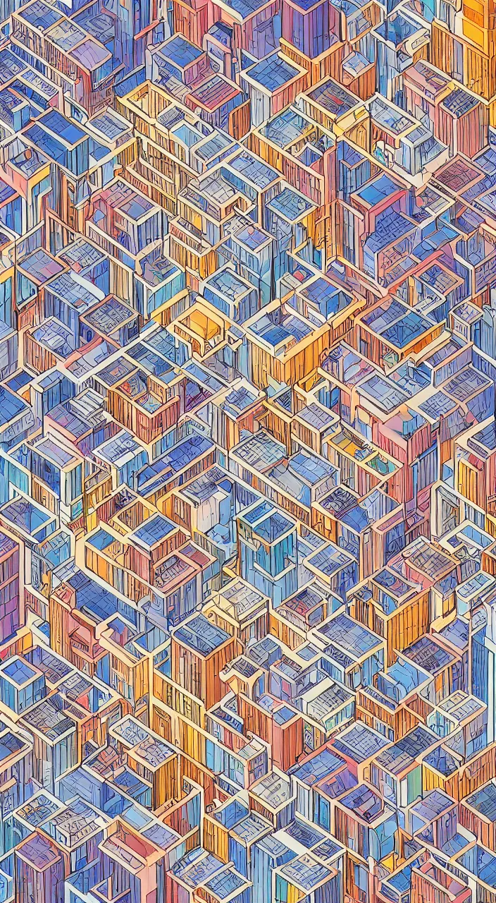 Prompt: isometric drawing of a fictional dense city, in style of rem koolhaas, peter eisenman, warm color palette, very detailed, very elaborate