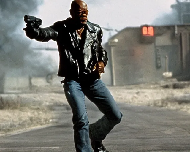 Prompt: Samuel L. Jackson plays Terminator wearing leather jacket and his endoskeleton is visible, epic film