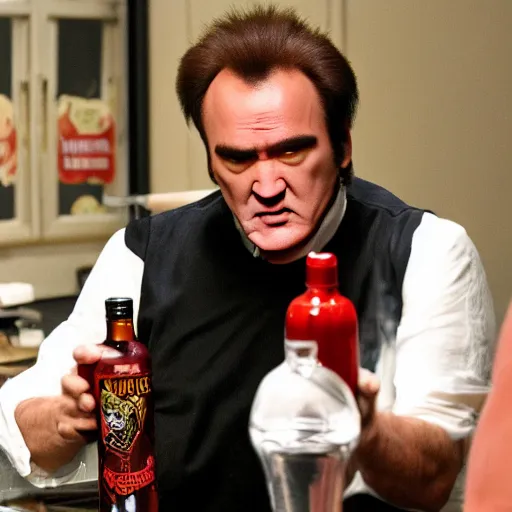 Prompt: Tarantino drinks a bottle of water filled with Nicolas Cage.