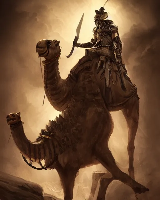 Image similar to Camel, Anthropomorphized, as warlord general on skull throne, full body, magic the gathering artwork, D&D, fantasy, cinematic lighting, centered, symmetrical, highly detailed, digital painting, artstation, concept art, smooth, sharp focus, illustration, volumetric lighting, epic Composition, 8k, art by Akihiko Yoshida and Greg Rutkowski and Craig Mullins, heroic pose, oil painting, cgsociety, Battlefield background, explosions, arrows