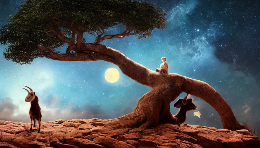 Image similar to very very small goat, sitting on a gigantic banyan tree in moonlit socotra island by ilya kuvshinov, starry night, rtx rendering, octane render 1 2 8 k, maya, extreme high intricate details by tom bagshaw, medium shot, close up shot, composition by sana takeda, lighting by greg rutkowski