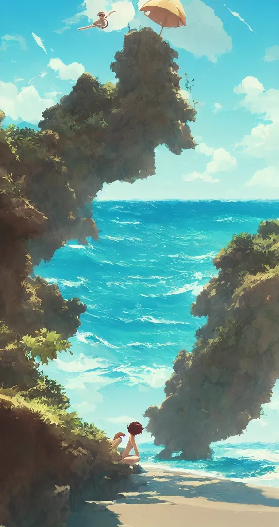 Image similar to Sunbathing at the beach, lots of ocean, very vertical, tropical, bright, simple, by Studio Ghibli and Greg Rutkowski, artstation