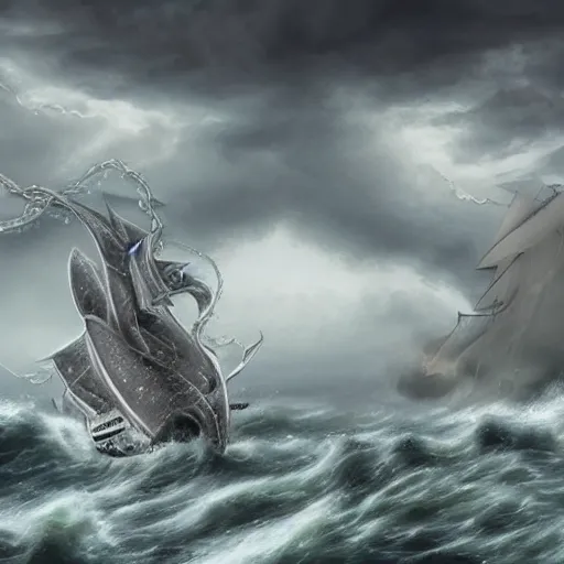 Image similar to a highly detailed hyperrealistic scene of a ship being attacked by giant squid tentacles, jellyfish, squid attack, dark, voluminous clouds, thunder, stormy seas, pirate ship, dark, high contrast, giant sea monster attacking from the clouds