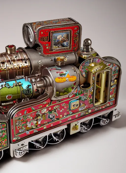 Image similar to highly detailed wide - angle portrait of a cute tin toy retro train set, nicoletta ceccoli, mark ryden, lostfish, earl nore, hyung tae, frank frazetta, global illumination, god rays, detailed and intricate environment